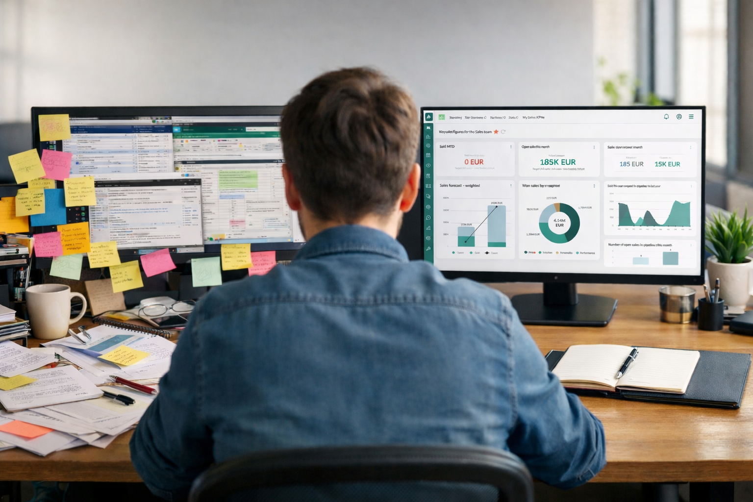 Bild eine Mannes vor einem Computer mit vielen Post its